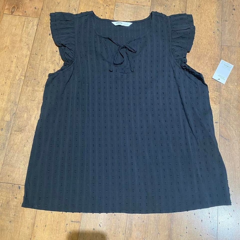 Sonoma black blouse with ruffle sleeveless and tie detail. Size L